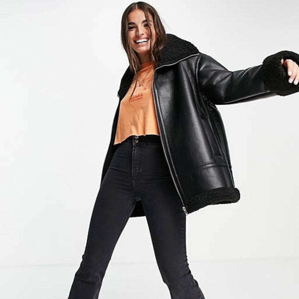ASOS DESIGN NWOT leather look aviator jacket in black